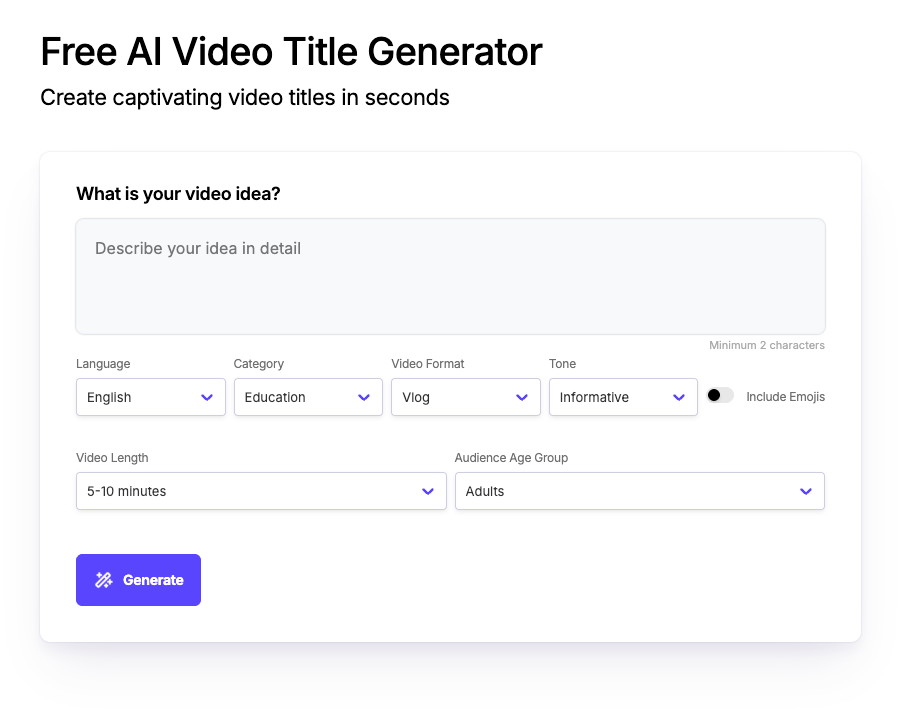 Free AI Video Title Generator screenshot and logo